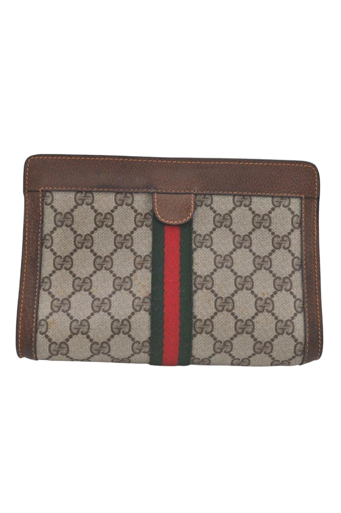 GUCCI Web Sherry Line Clutch Hand Bag Purse GG PVC Leather Brown 8044K - Image 3