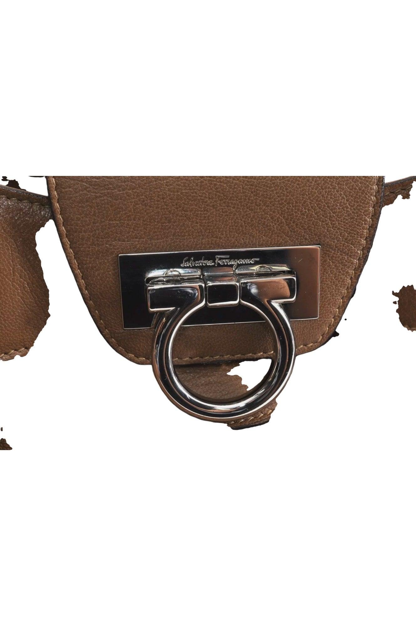 Salvatore Ferragamo Gancini Leather Shoulder Hand Bag Brown 7570K - Image 11