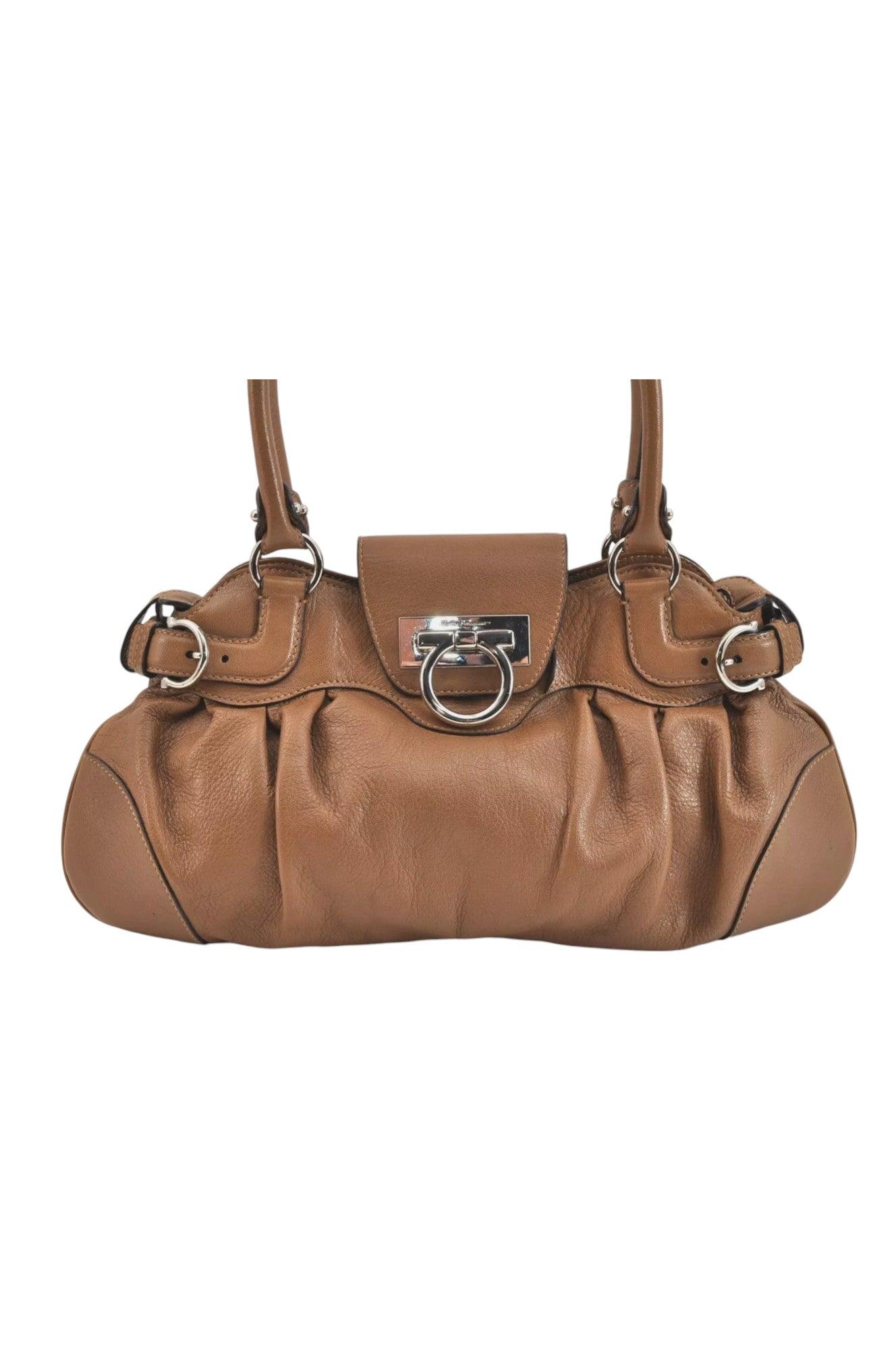 Salvatore Ferragamo Gancini Leather Shoulder Hand Bag Brown 7570K - Image 2